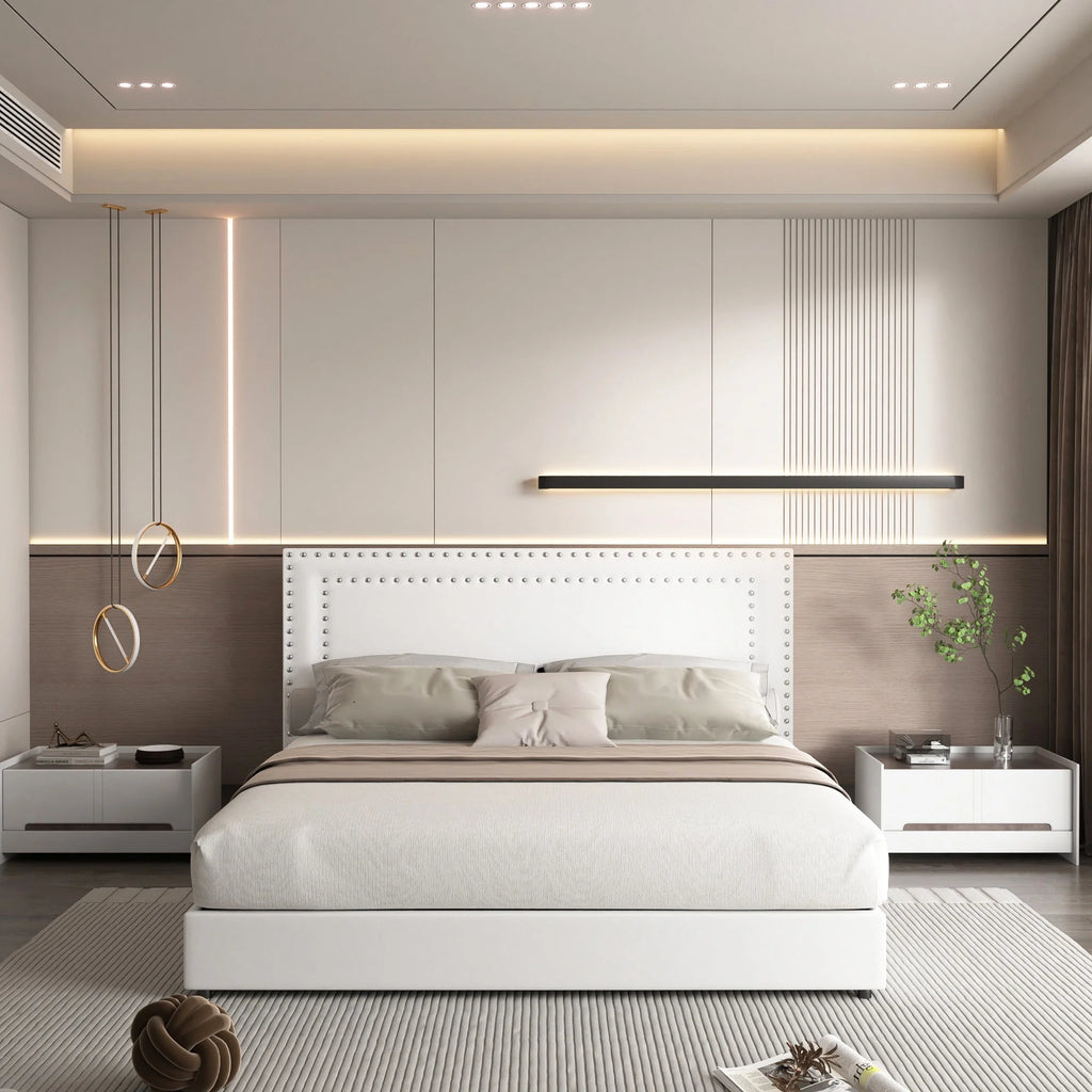 VECELO Full Bed Frame with 4 Storage Drawers (Wheeled) and Tufted Upholstered Adjustable Headboard Platform Bed, Beige