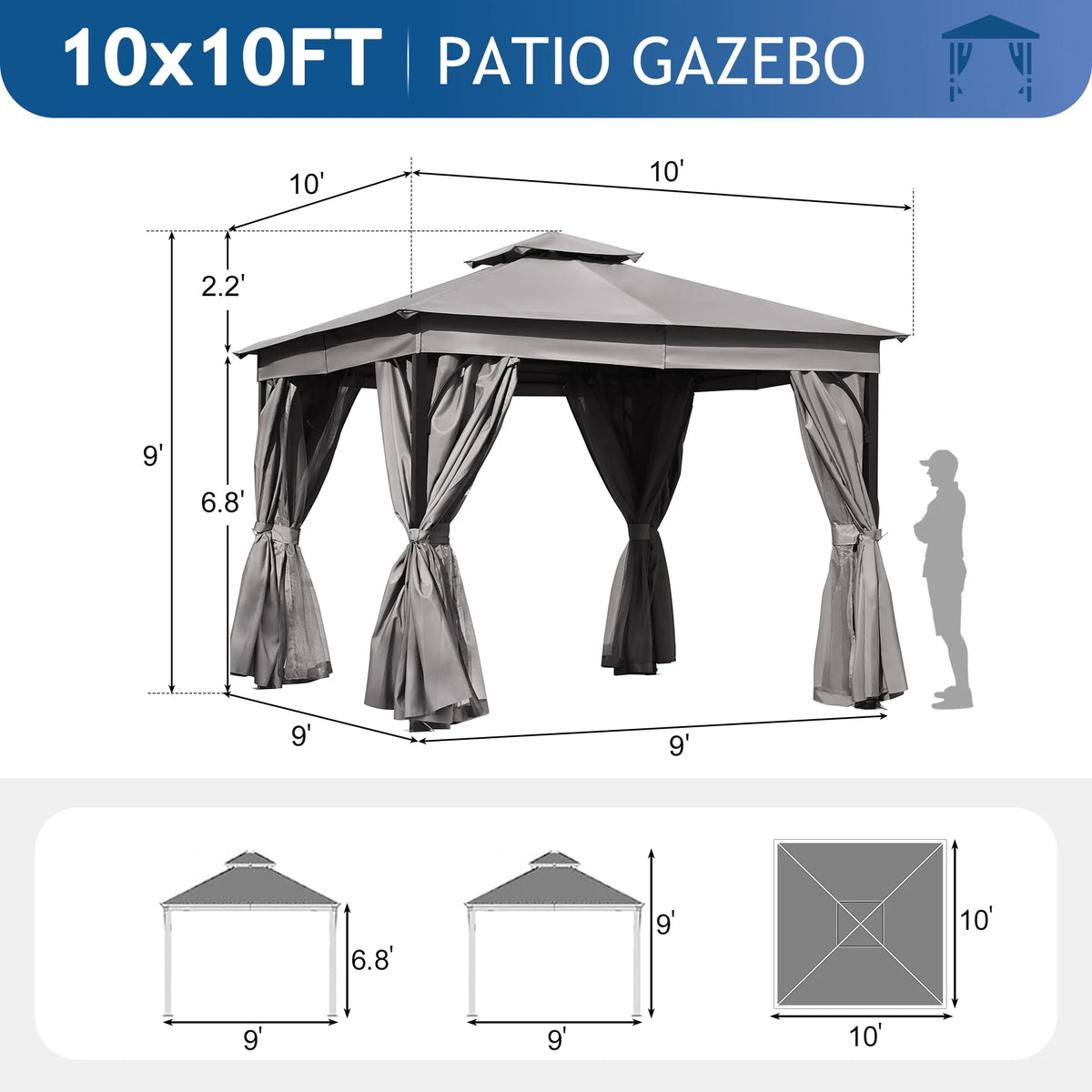 10'x10' Outdoor Gazebo,Patio Gazebo with Mosquito Netting and Privacy Screens for Backyard, Garden, Lawn and Deck,Grey
