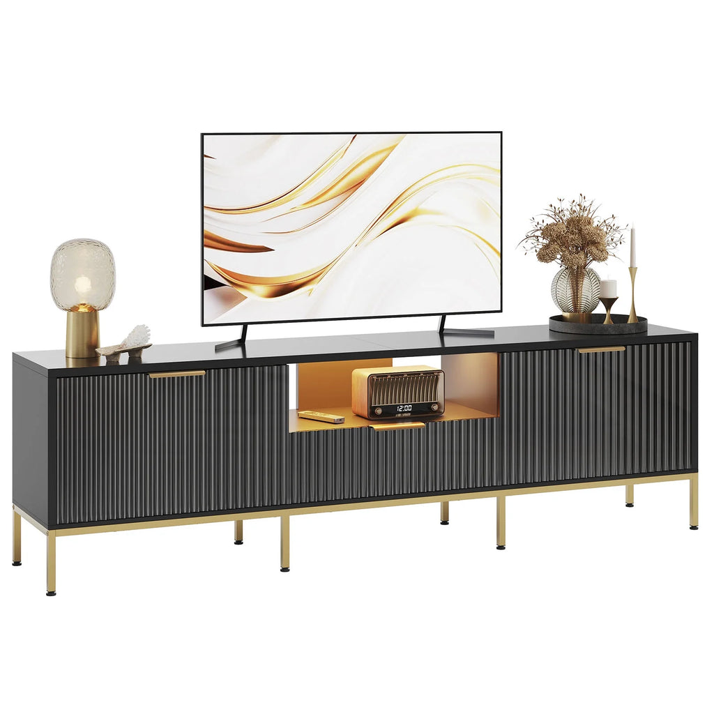 Bestier 55" LED TV Stand for TVs up to 60" Modern High Gloss Entertainment Center with Drawers Cabinets Fluted TV Console, White & Gold
