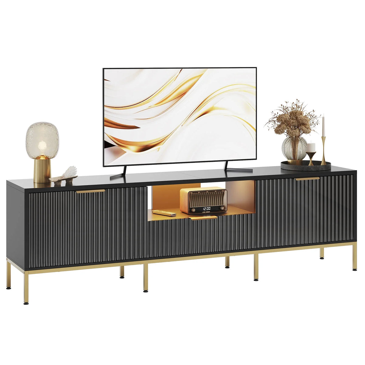 Bestier 55" LED TV Stand for TVs up to 60" Modern High Gloss Entertainment Center with Drawers Cabinets Fluted TV Console, White & Gold