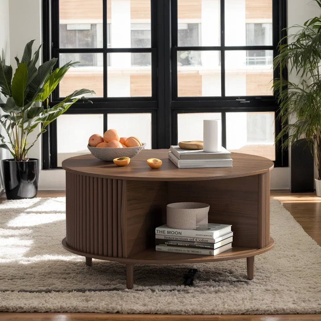 JOINICE Round Coffee Table with Storage and Sliding Door,Mid Century Modern Wooden Center Table,for Living Room,Walnut