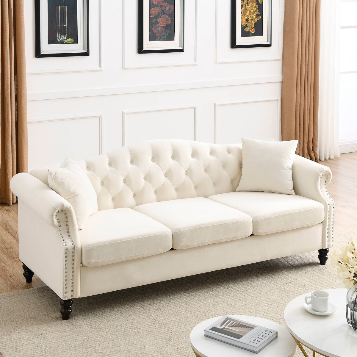 Chesterfield Upholstered Velvet Sofa, 3 Seater Button Tufted Couch with Nailhead Arms for Living Room Bedroom Office Apartment