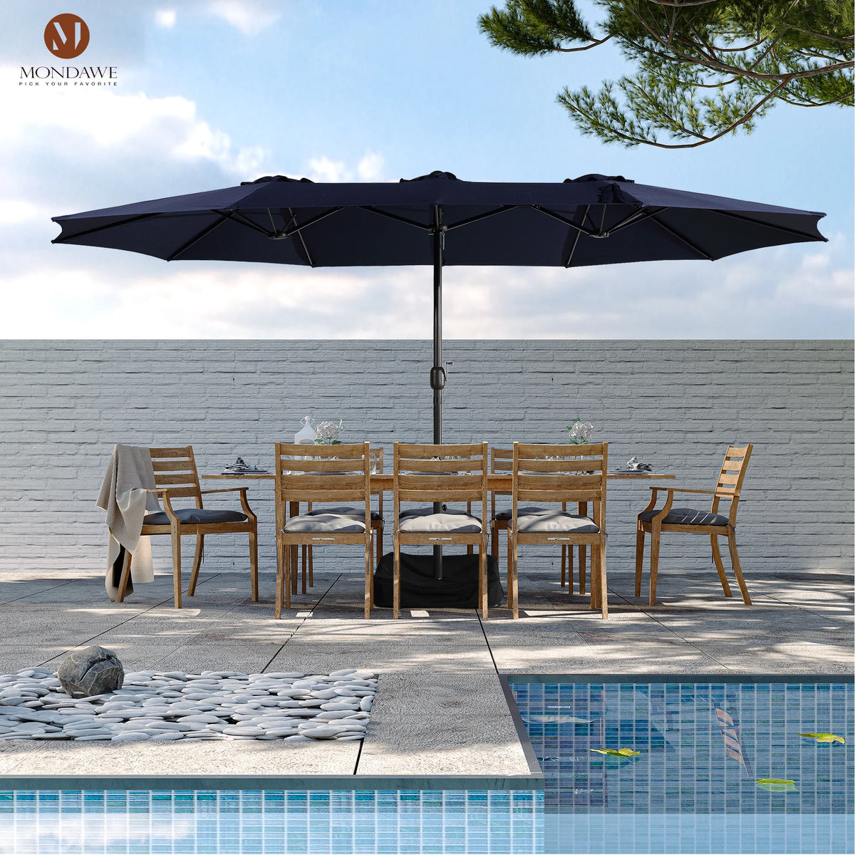 Mondawe 15ft Patio Umbrella Rectangular Outdoor Market Umbrella with Base and LED Lights Beige