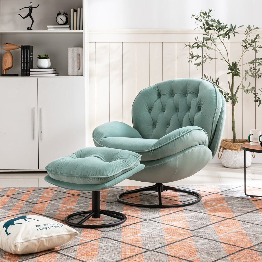 Velvet Swivel Accent Chair with Ottoman Set, Modern Tufted Armchair with Footrest for Living Room Reading TV Chairs for Adults, Comfy Chaise Lounge Chairs with 360 Degree Swiveling for Bedroom, Pink