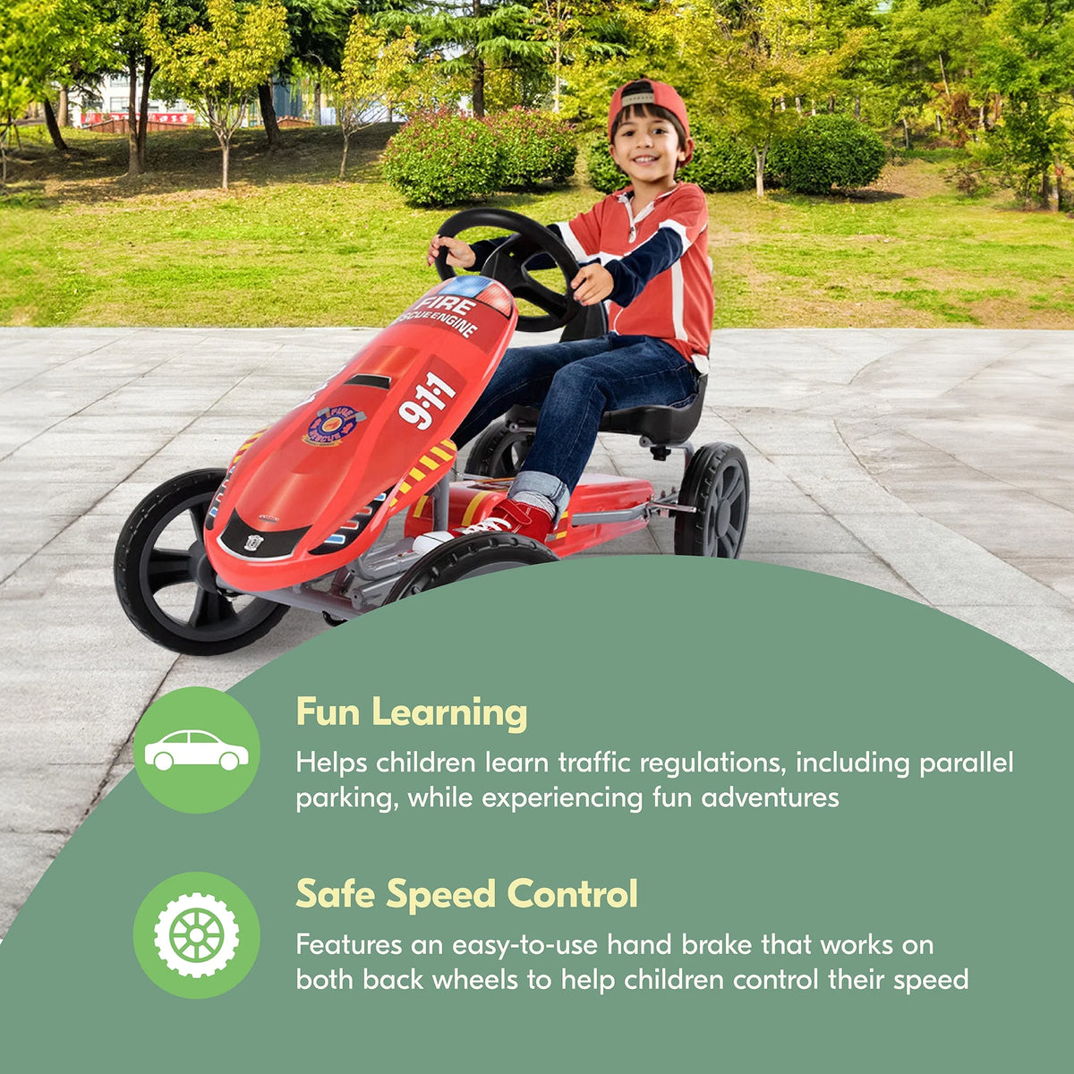 Hauck Speedster Pedal Go Kart w/ Adjustable Bucket Seat for Kids Ages 4 to 8, Fire Rescue