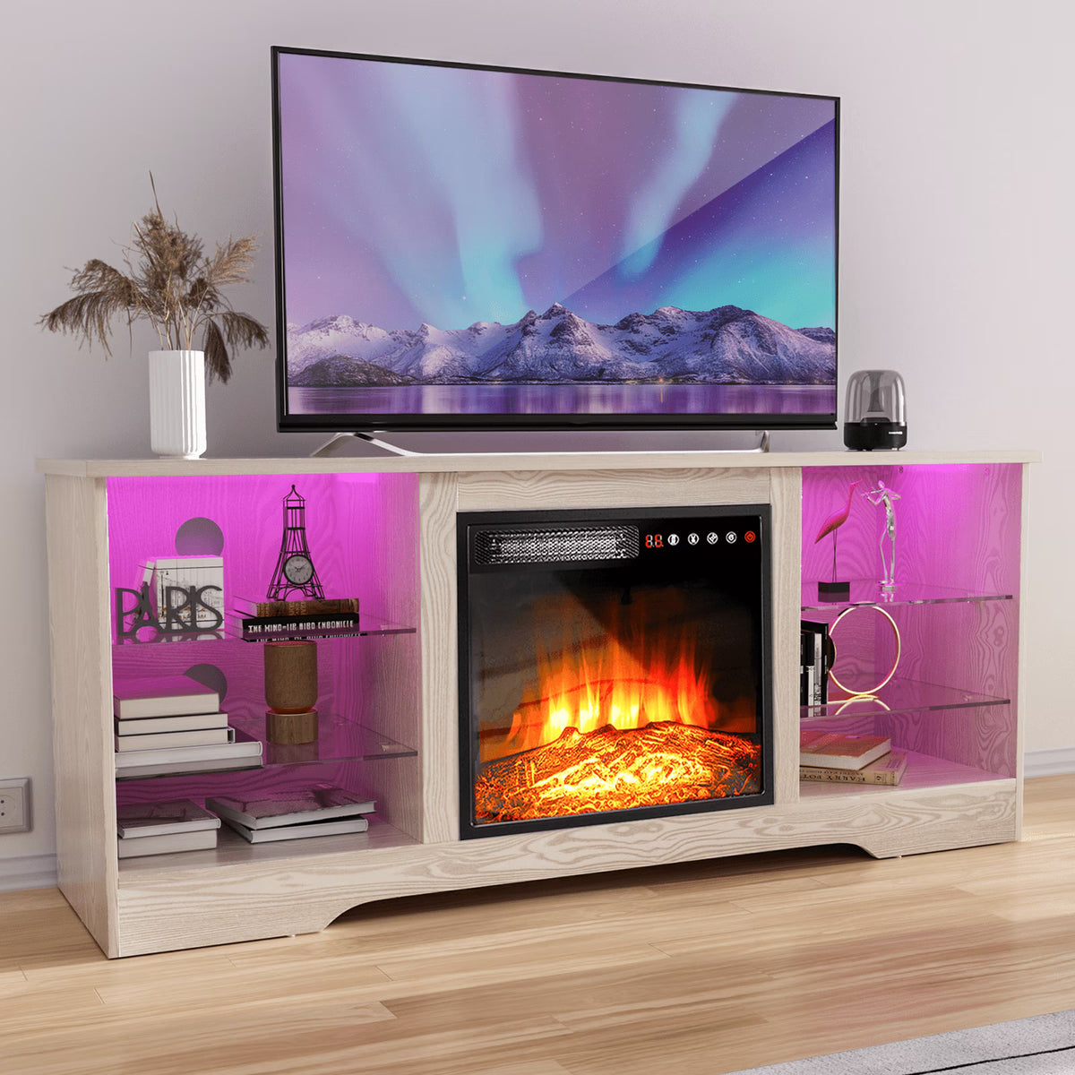 Waleaf Fireplace TV Stand with 18'' Fireplace for TVs up to 65 inch, Two Adjustable Glass Shelves