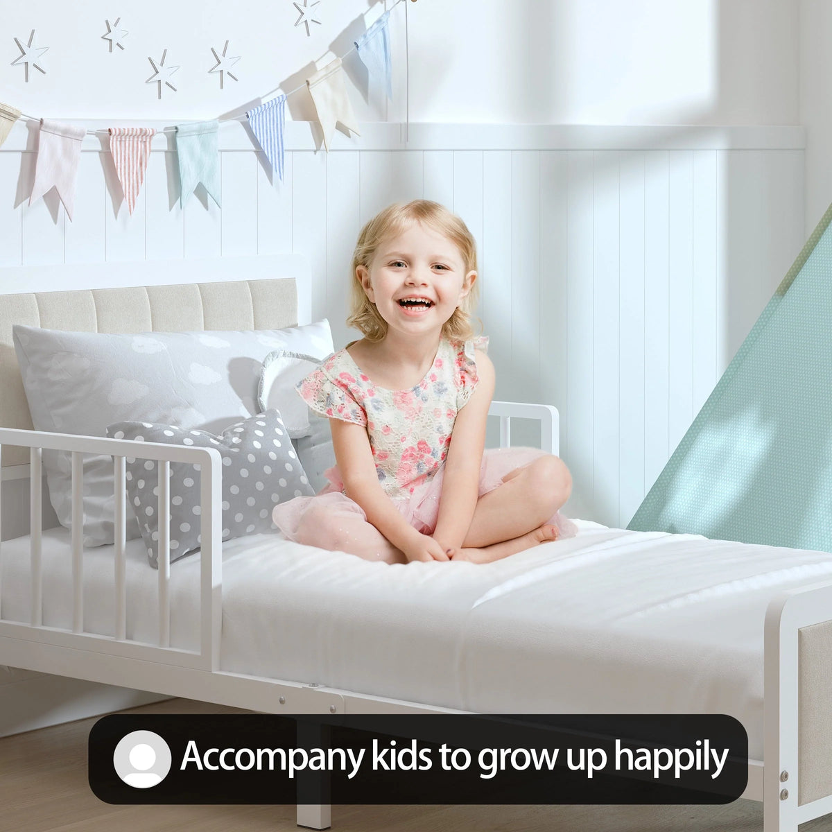 Yoneston Toddler Metal Platform Bed Frame with Guardrails, Children Crib Upholstered Bed Frame for Boys, Girls, Toddler �?White