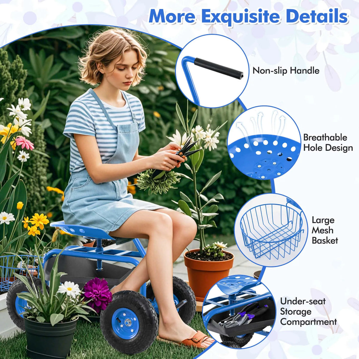 Costway Garden Cart Rolling Work Seat for Planting with Extendable Handle Green