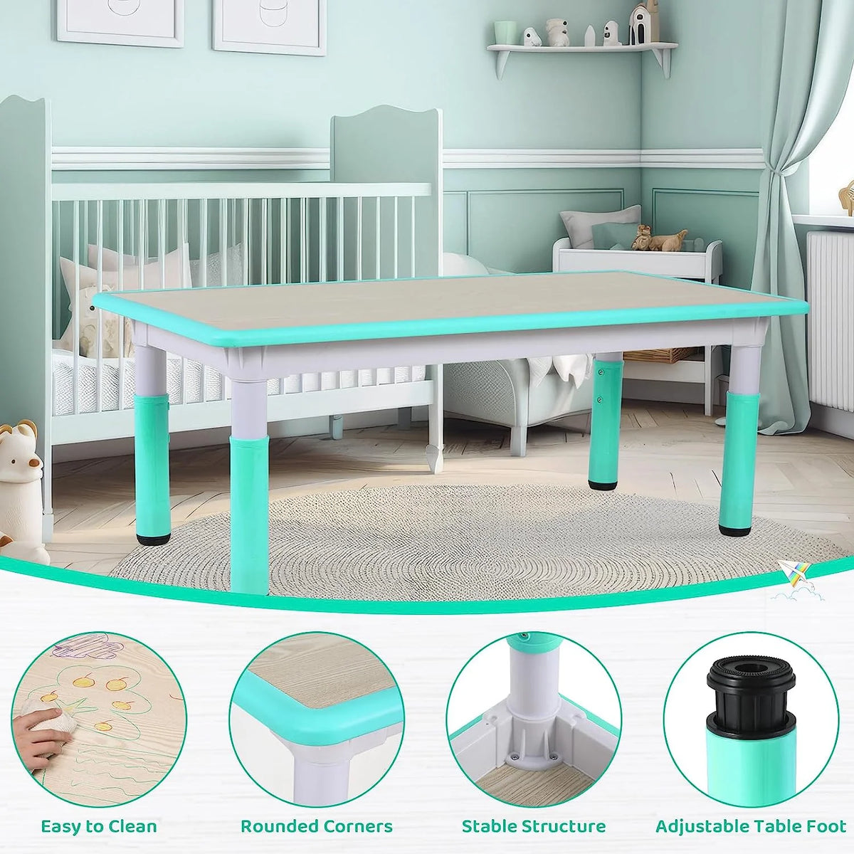 Arlopu Adjustable Kids Table and 6 Chairs Set, Toddler Play Activity Table Set with Graffiti Tabletop, Preschool Kids Furniture Table Set for Reading, Drawing, Eating