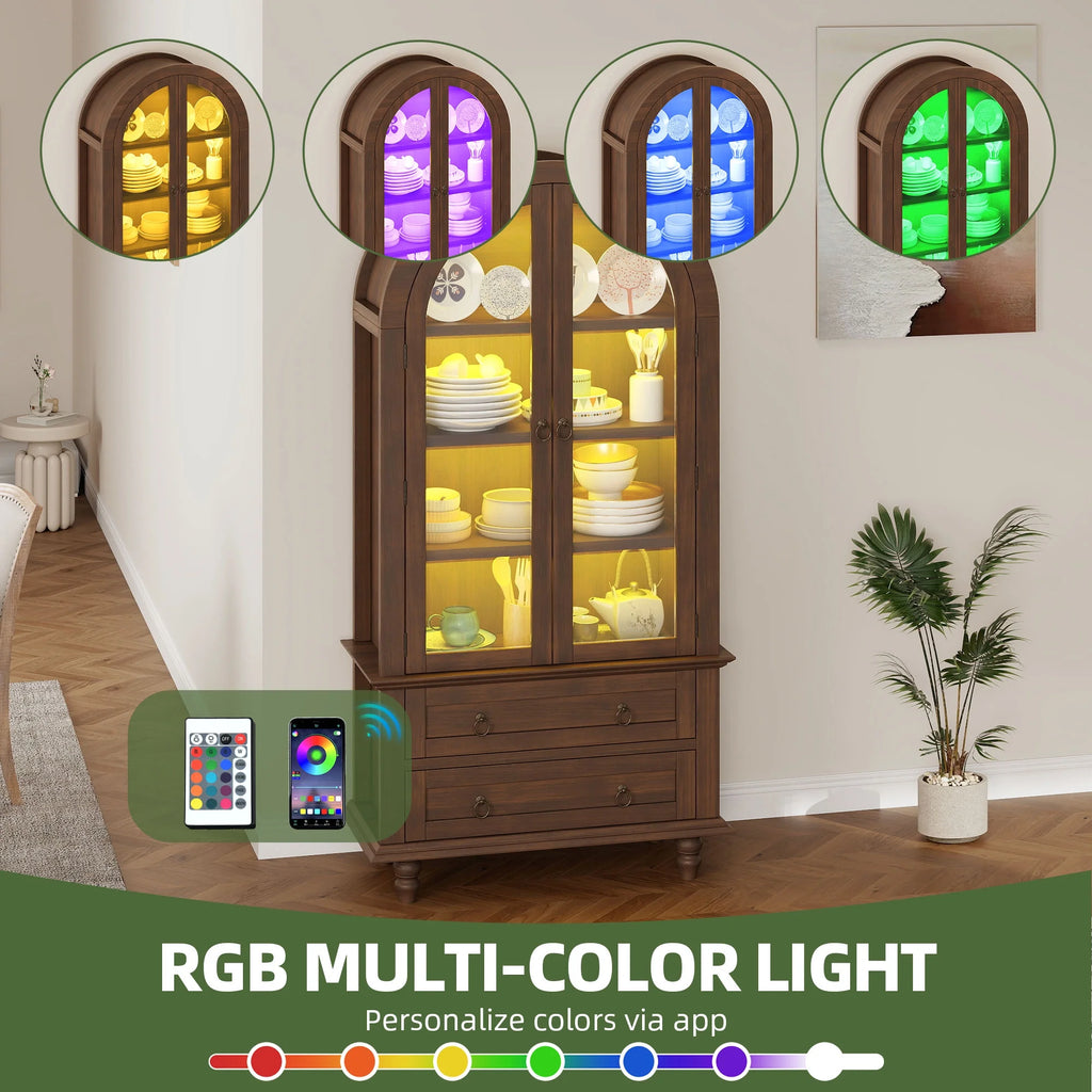 Uforic 73" Arched Pantry Cabinet with LED Light, Drawers, Shelves, Farmhouse Kitchen Storage, Black