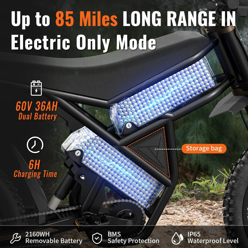 2000W Electric Dirt Bike for Adults Ridingtimes GT73 UL2849,Brushless Hub Motor,18.2AH*2 Electric Bike with 25\" tires digital screen Carbon Steel,Black