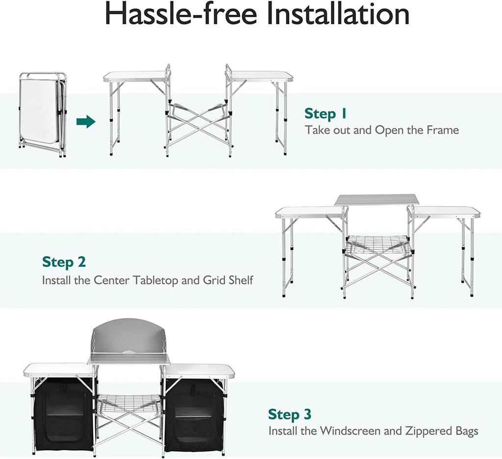 Camping Kitchen Table with Storage, Aluminum Portable Outdoor Cooking Table with Windscreen, Foldable Camp Table Cook Station for BBQ, Grill, Party, Picnics