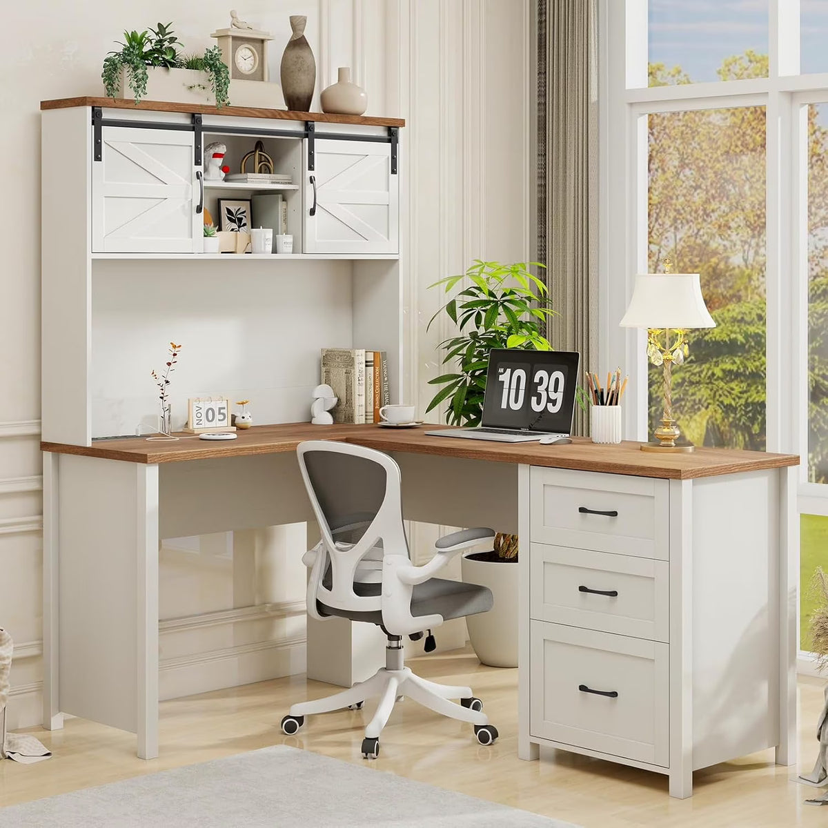 Vabches 68" H L Shaped Desk and Hutch with Storage, Office Desk with Drawers, Charging Station, Sliding Doors, Unique White