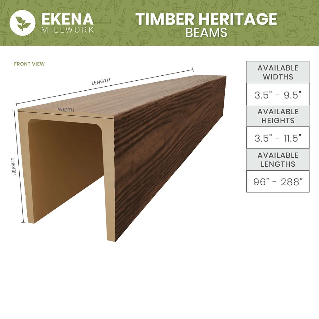 Ekena Millwork 3 1/2"W x 3 1/2"H x 120"L 3-Sided (U-Beam) Salvaged Timber HeritageTimber Faux Wood Ceiling Beam, Kona Brown