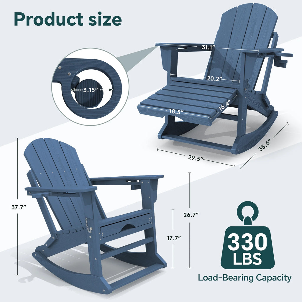 KINGYES Folding Adirondack Rocker Chair Set of 2 W/ Footrest & Dual Cup Holders, HDPE Outdoor Patio Rocking Chair, Black