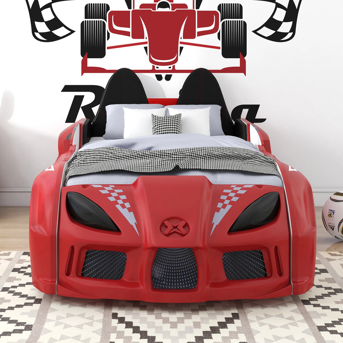 Furniture of America Dash Kids Plastic Twin Race Car Bed with LED and Sound, White