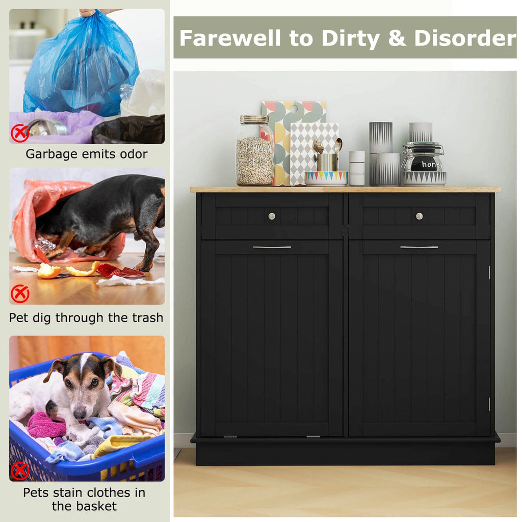 Costway 15.5 Gallon Kitchen Tilt Out Trash Cabinet Rubber Wood Tabletop 2 Drawers Shelf Gray