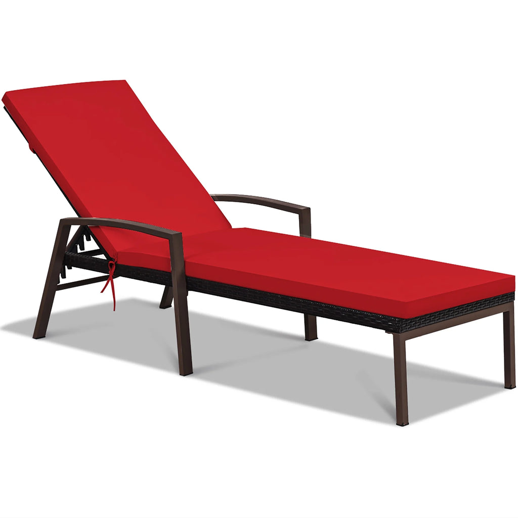 Costway 2PCS Patio Rattan Lounge Chair Chaise Recliner Back Adjustable Cushioned Red