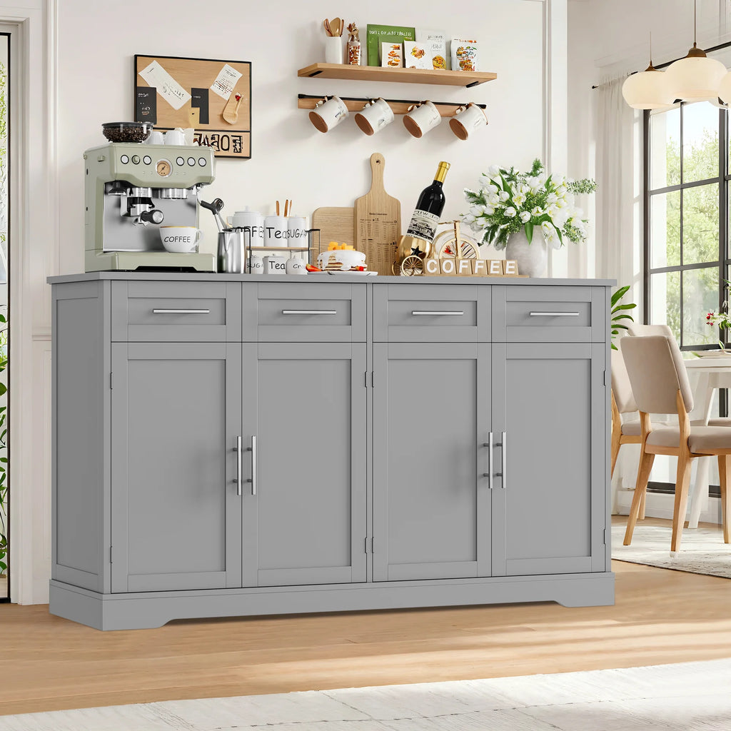 Homfa Farmhouse Buffet Cabinet with 4 Drawers and 4 Doors, 59" W Sideboard Buffet Storage Cabinet with Shelves, for Kitchen Living Room Bedroom, Wash Gray