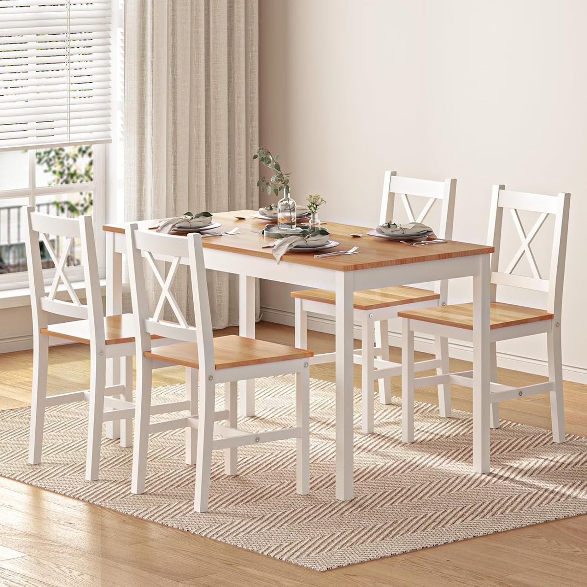 Soges 5 Pieces Dining Table Set, Pine Wood Kitchen Dining Table with 4 Chairs, Wood Rectangular kitchen table and chairs for 4, Small Dining Set for Bar Dining Room Breakfast Nook, White and Gray