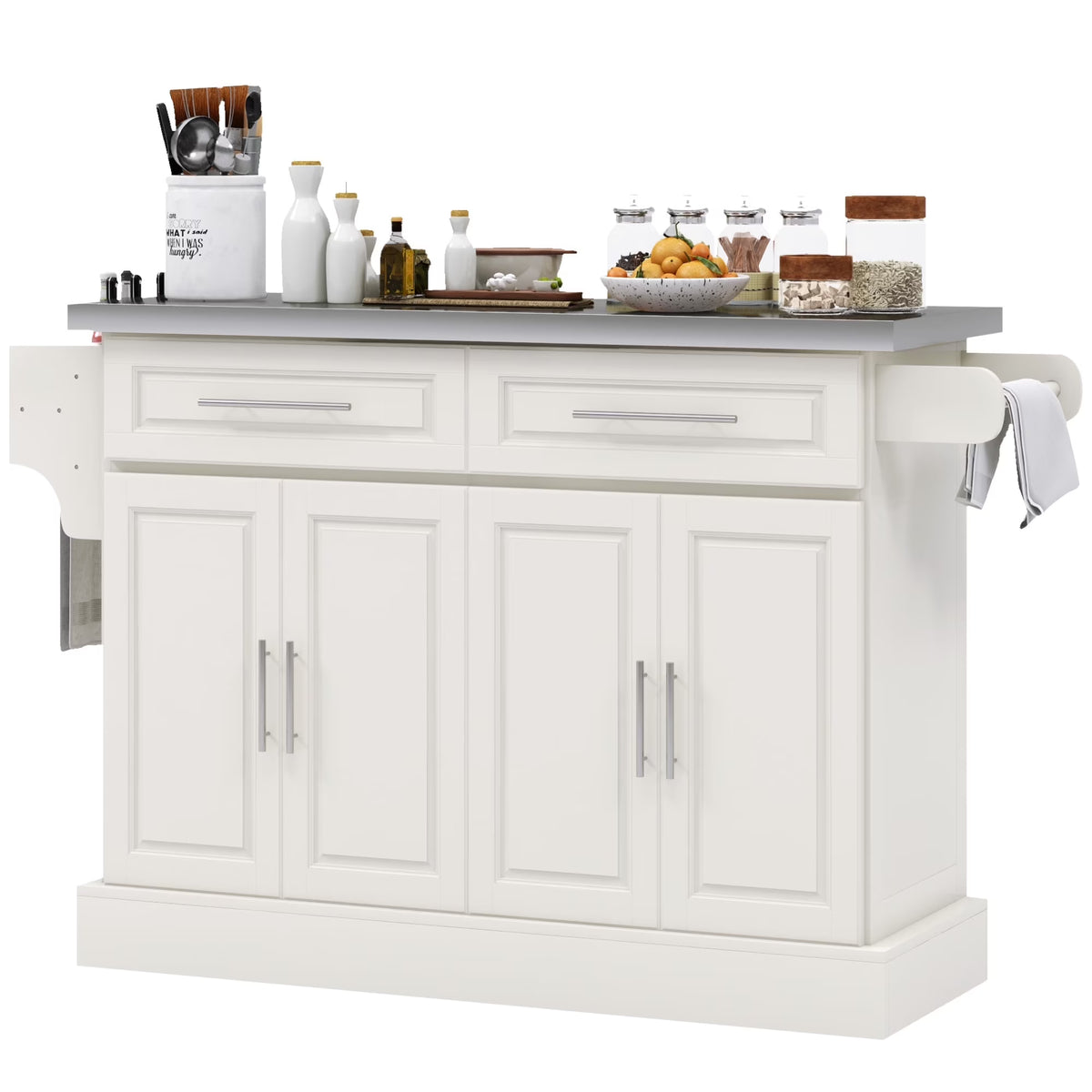 HOMCOM Multi-functional Rolling Kitchen Island Cart with Cabinets and Drawers, Portable Kitchen Storage Cabinet with Spice Rack, Towel Rack, Knife Rack, Steel Top