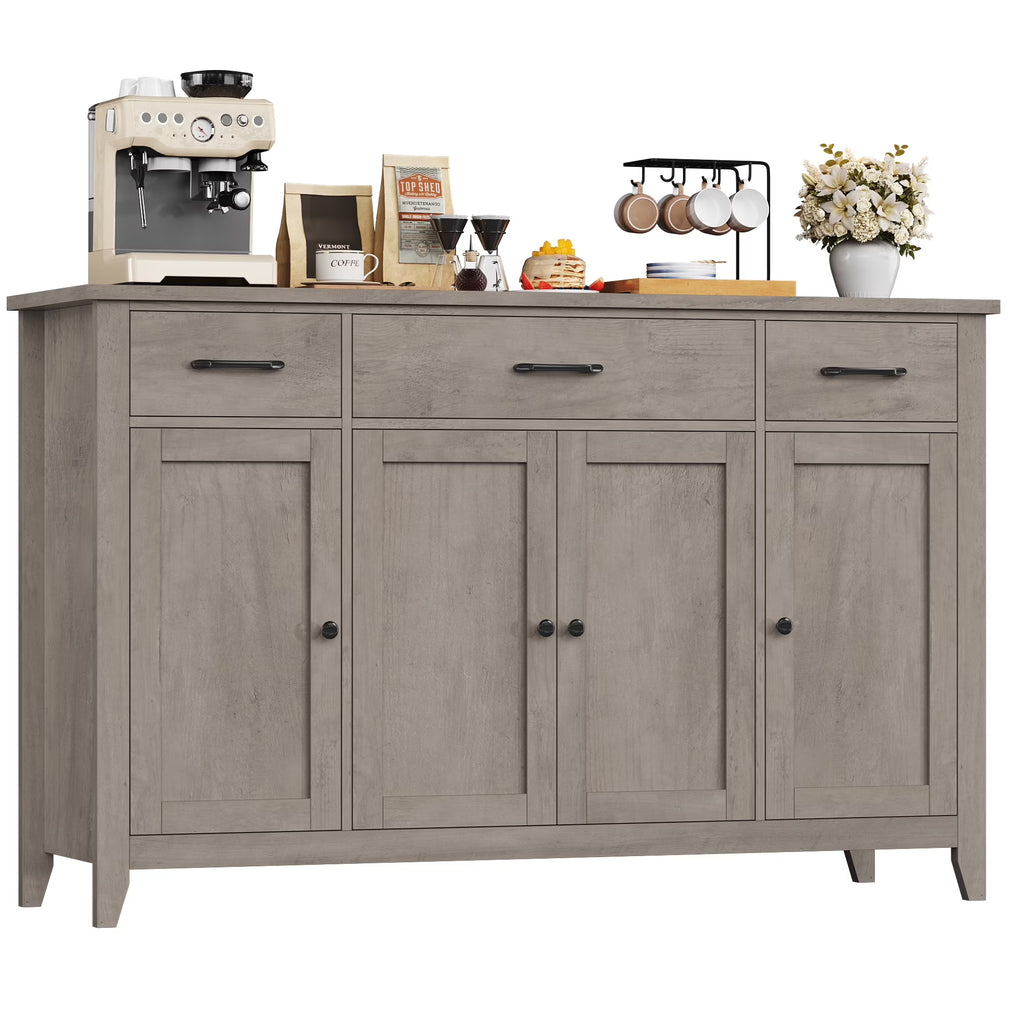 Hiphuta 55"Wide Buffet Cabinet with 2 Adjustable Shelves, Modern Farmhouse Coffee Bar with 3 Drawers and Sturdy Base for Living Room, White