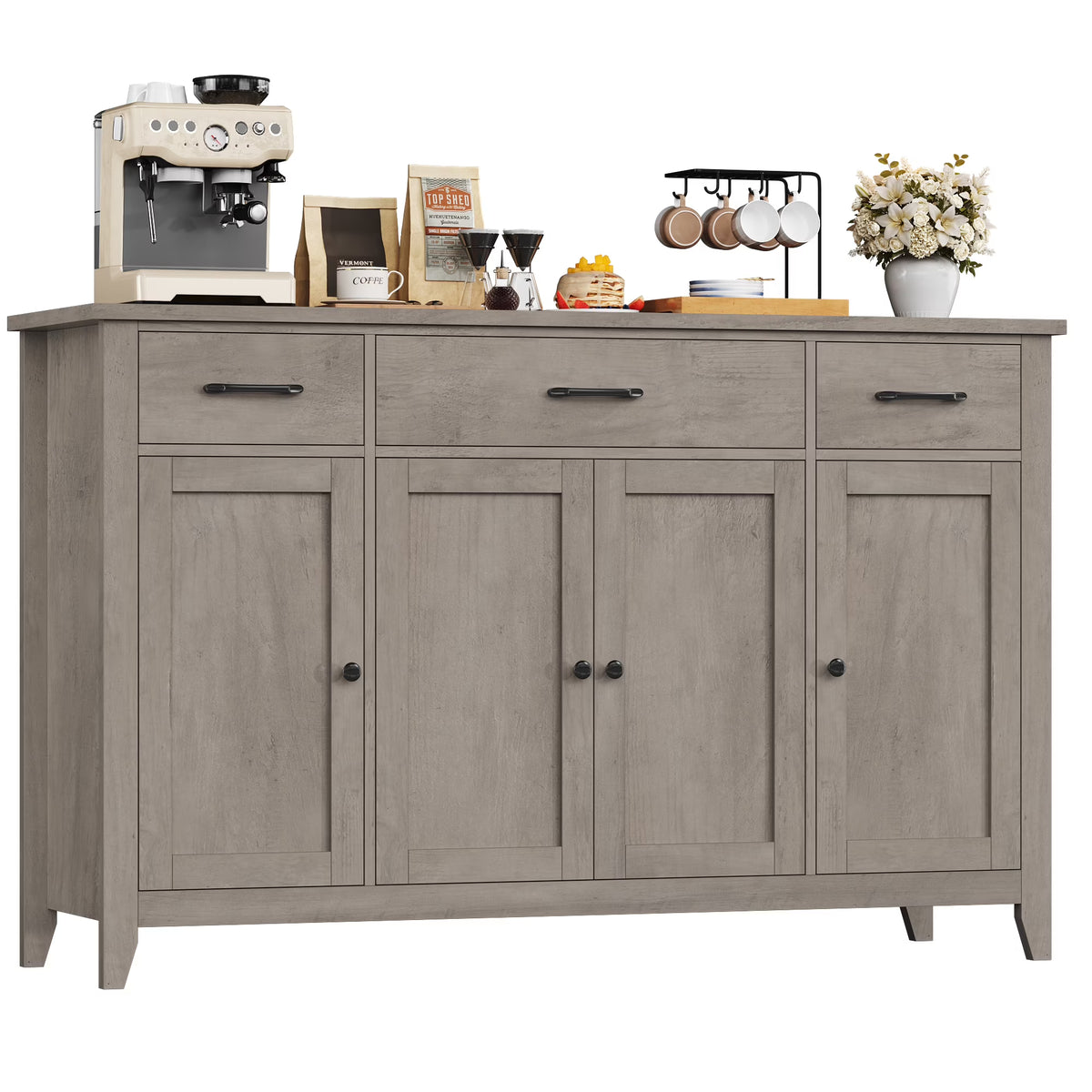 Hiphuta 55"Wide Buffet Cabinet with 2 Adjustable Shelves, Modern Farmhouse Coffee Bar with 3 Drawers and Sturdy Base for Living Room, White