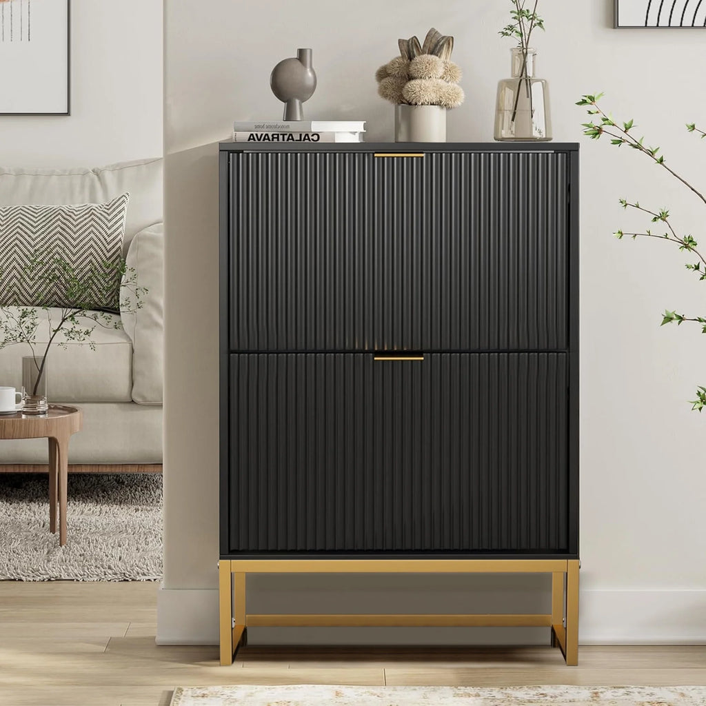 Oubayajia Modern Shoe Storage Cabinet, Wood Shoe Rack Organizer with 2 Flip Drawers, Freestanding Narrow Shoe Cabinet for Entryway Hallway, Natural
