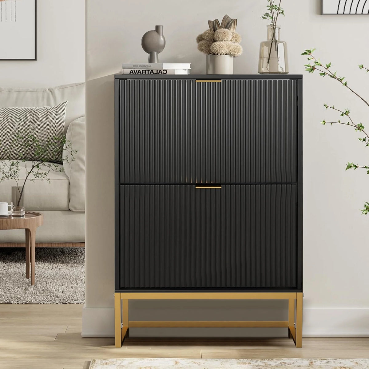 Oubayajia Modern Shoe Storage Cabinet, Wood Shoe Rack Organizer with 2 Flip Drawers, Freestanding Narrow Shoe Cabinet for Entryway Hallway, Natural