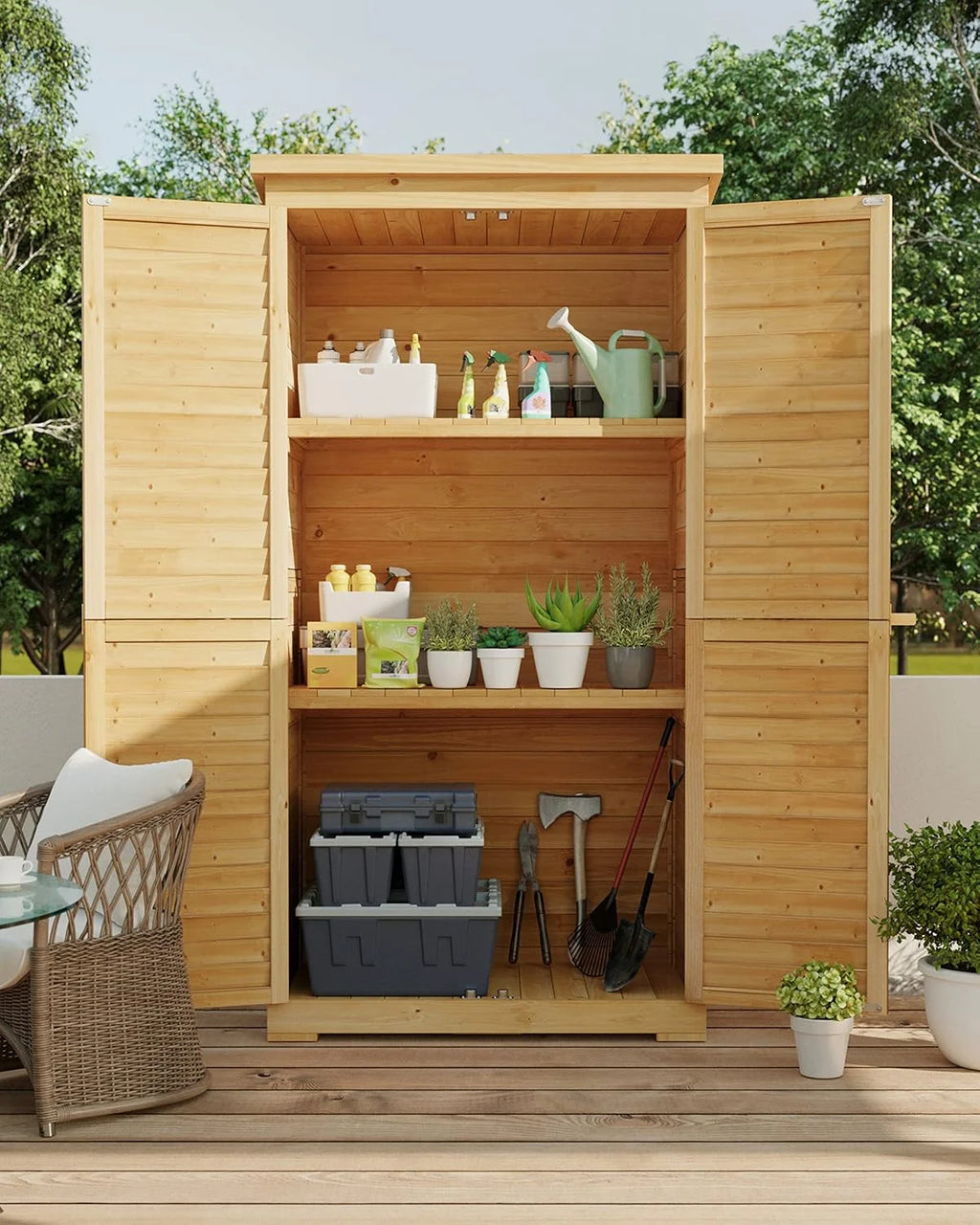 63.2" Outdoor Storage Cabinet, Lofka  Lockable Doors Garden shed with Adjustable Shelves| Asphalt Roof| Ventilate Shutter, Wood Shed with Large Storage Space, Waterproof Roof for Garden, Natural