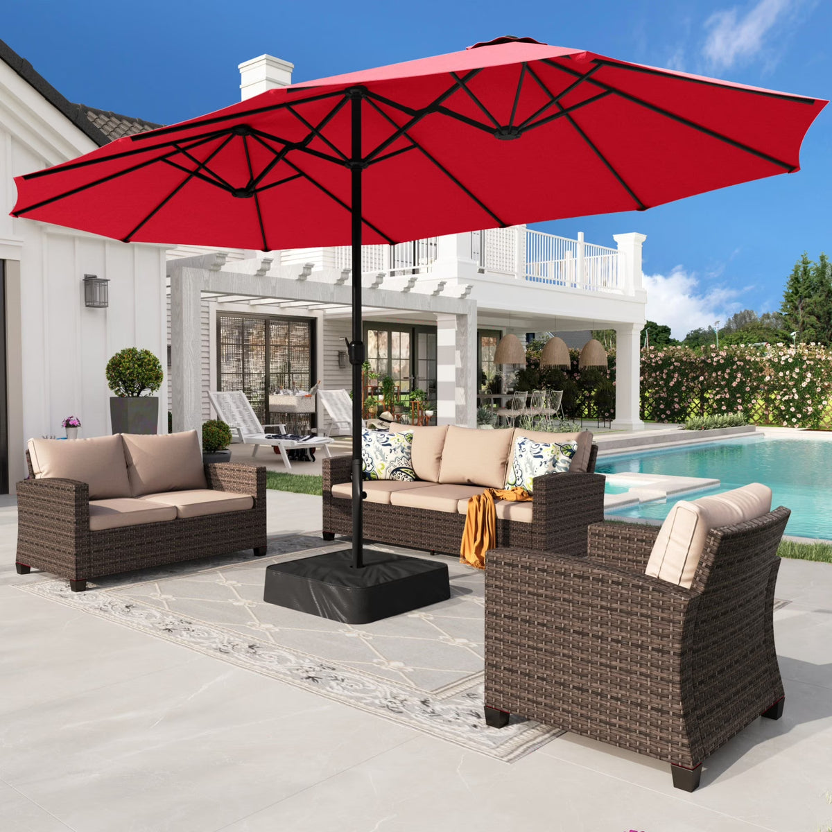 Alpha Joy 15ft Outdoor Patio Umbrella Extra-Large Double-Sided Garden Umbrella with Crank Handle and Base - Smoky Gray