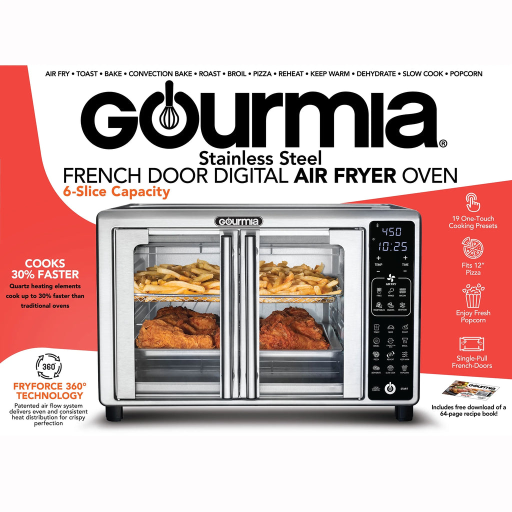 Gourmia French Door 6-Slice Digital Toaster Oven Air Fryer, 19 One-Touch Presets, 24L, Stainless Steel