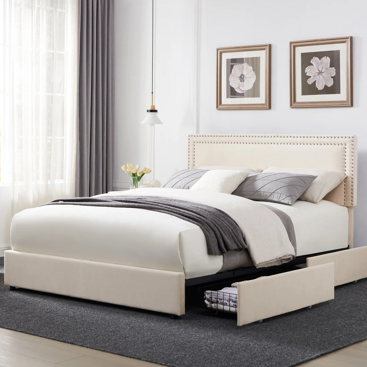 VECELO Full Bed Frame with 4 Storage Drawers (Wheeled) and Tufted Upholstered Adjustable Headboard Platform Bed, Beige