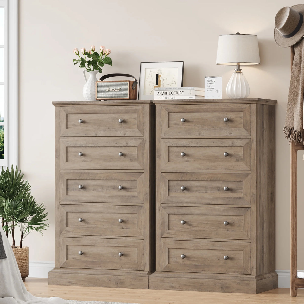 Homfa 5 Drawer Bedroom Dresser, Tall Wood Nightstand Storage Cabinet for Office Living Room,Gray