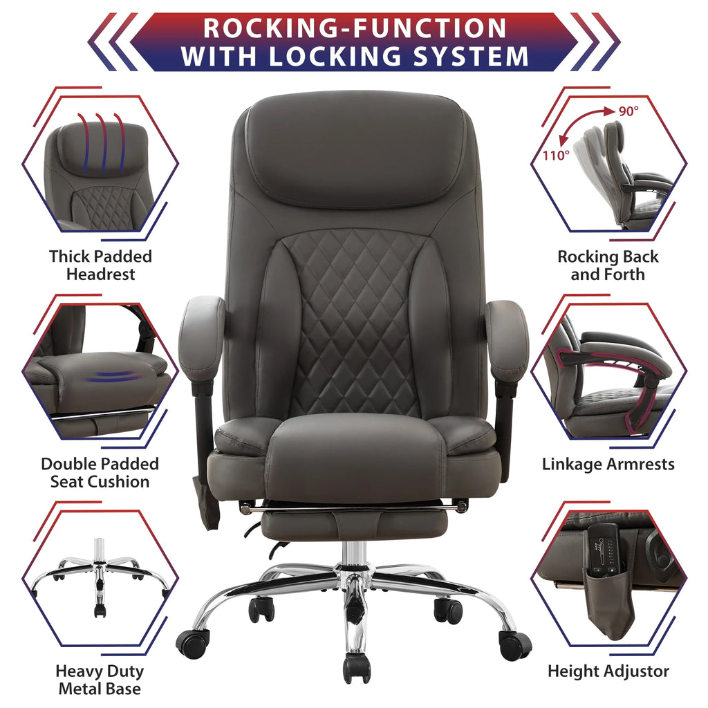 JONPONY Big and Tall Office Chair 500LBS Executive Office Chair Massage and Footrest Ergonomic Computer Desk Chair Reclining High Back Leather Office Chair Lumbar Back Support Swivel Rolling,Black