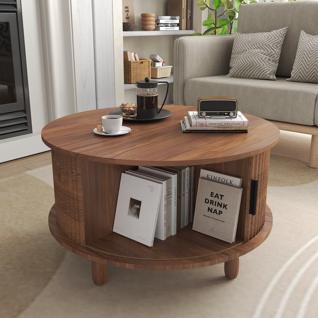 RUMLIVE Round Coffee Table with Storage, 30.7" Modern Coffee Table with 360�� Curved Sliding Door, Fluted Wood Coffee Table with Footpads, Round Center Table for Living Room, Black