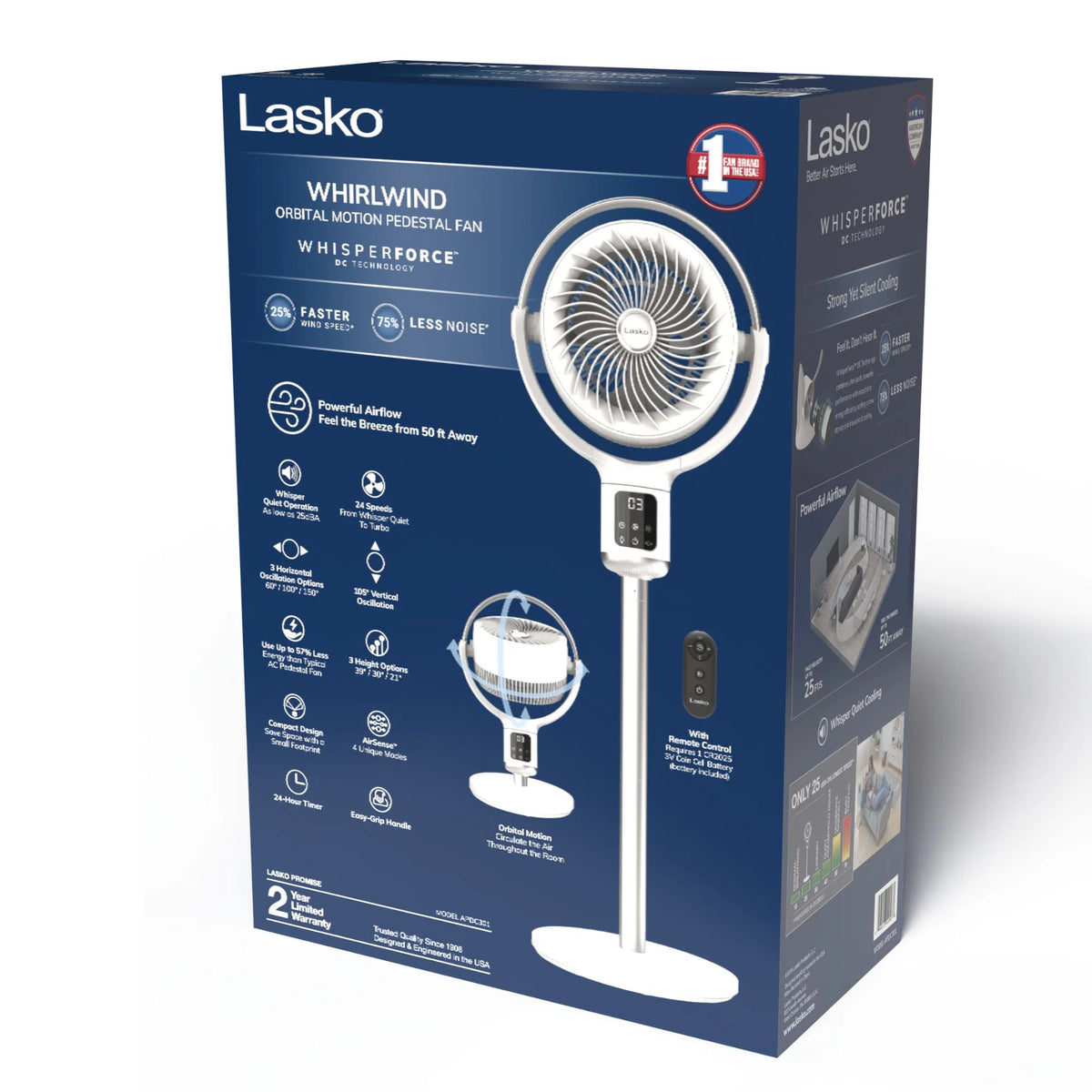 Lasko Whirlwind 7�� 24-Speed Orbital Motion 25ft/s Airflow Remote Control Pedestal Fan, APDC301