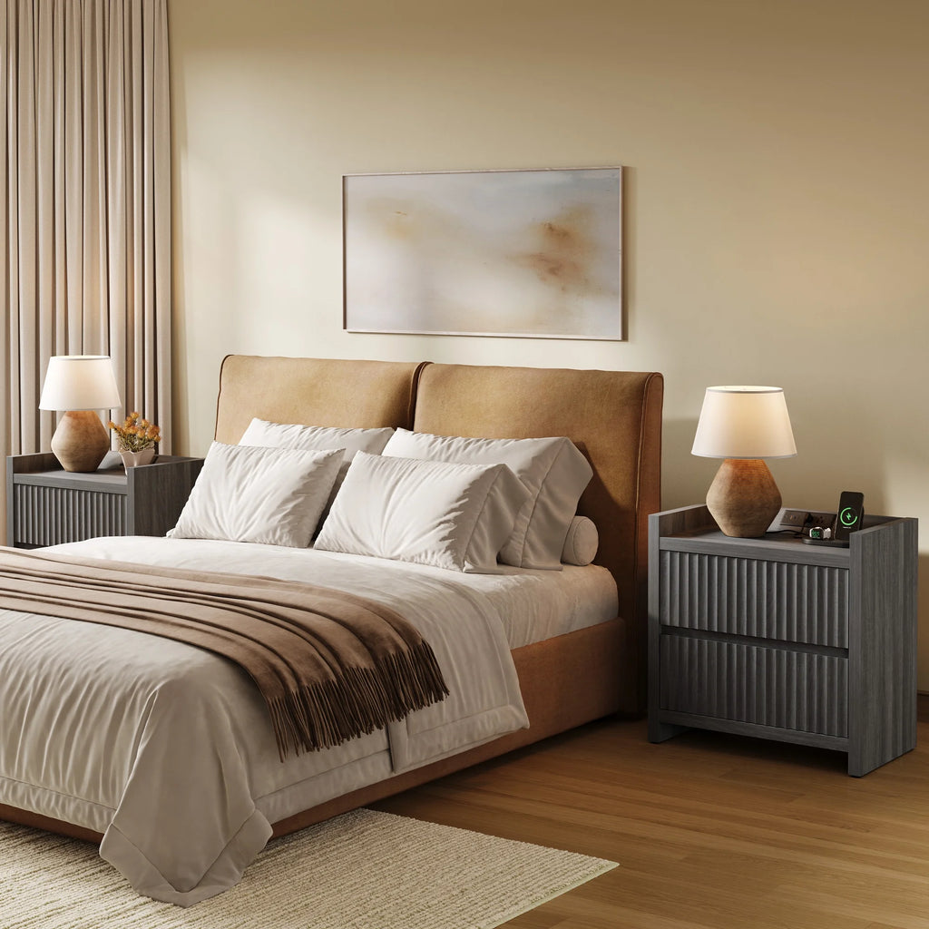 SICOTAS 25.4" Wide Nightstand Set of 2 with Charging Station, Modern Night Stand  with  2 Fluted Dresser & Handle-Less Storage Farmhouse Bed Side Table  for Bedroom, Natural Oak