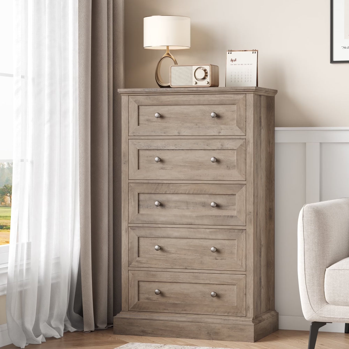 Homfa 5 Drawer Bedroom Dresser, Tall Wood Nightstand Storage Cabinet for Office Living Room,Gray