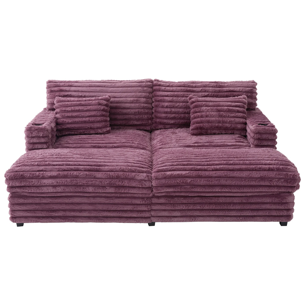Oversized Double Chaise Lounge, Faux Fur Upholstered Deep Seat Sofa with 2 Pillows, 2 Cupholders, and Dual USB Ports