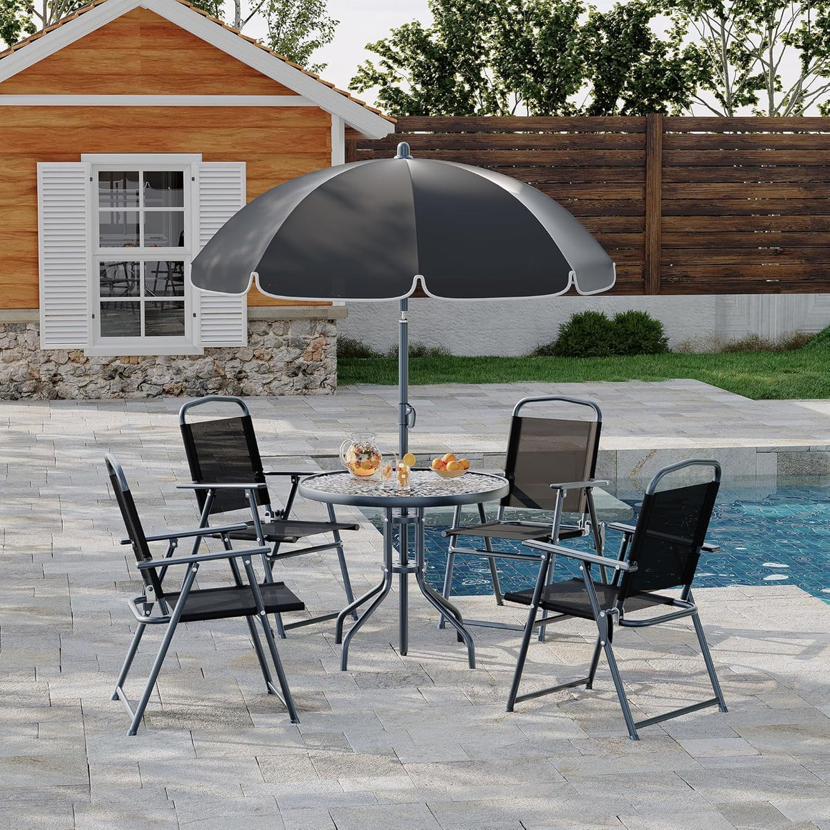 6 Pieces Outdoor Dining Set With Umbrella, Patio Table and 4 Folding Chairs With Umbrella, Garden Patio Furniture Set With Umbrellas, Tempered Glass Top Dining Table