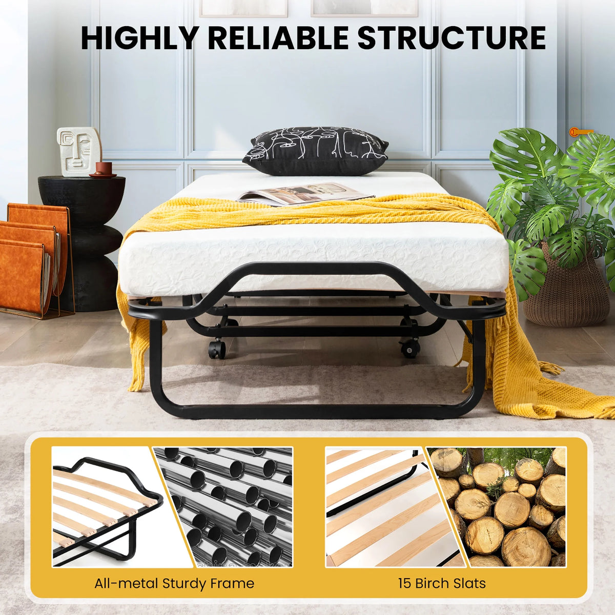 Gymax Portable Foldable Guest Bed w/ Solid Wood Slats & Metal Frame Rollaway Bed for Adults w/ Wheel