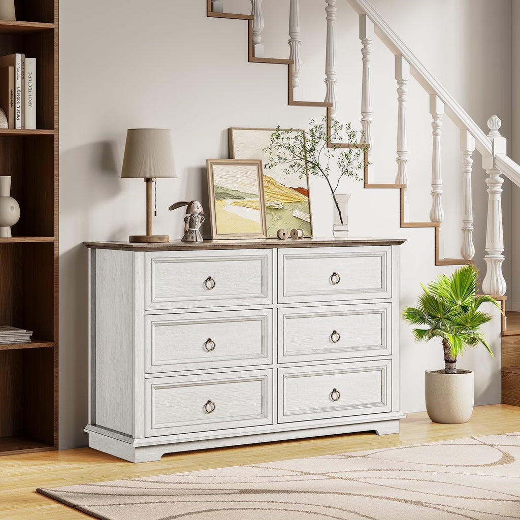 FAGAGA 6 Drawers Dresser for Living Room,Storage Cabinet Wooden Dressers Organizer for Bedroom,White