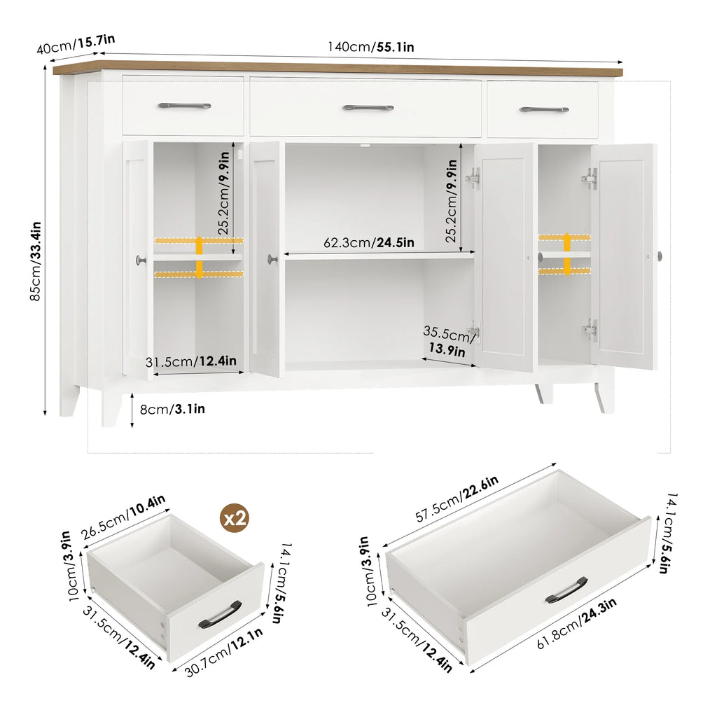 Hiphuta 55"Wide Buffet Cabinet with 2 Adjustable Shelves, Modern Farmhouse Coffee Bar with 3 Drawers and Sturdy Base for Living Room, White