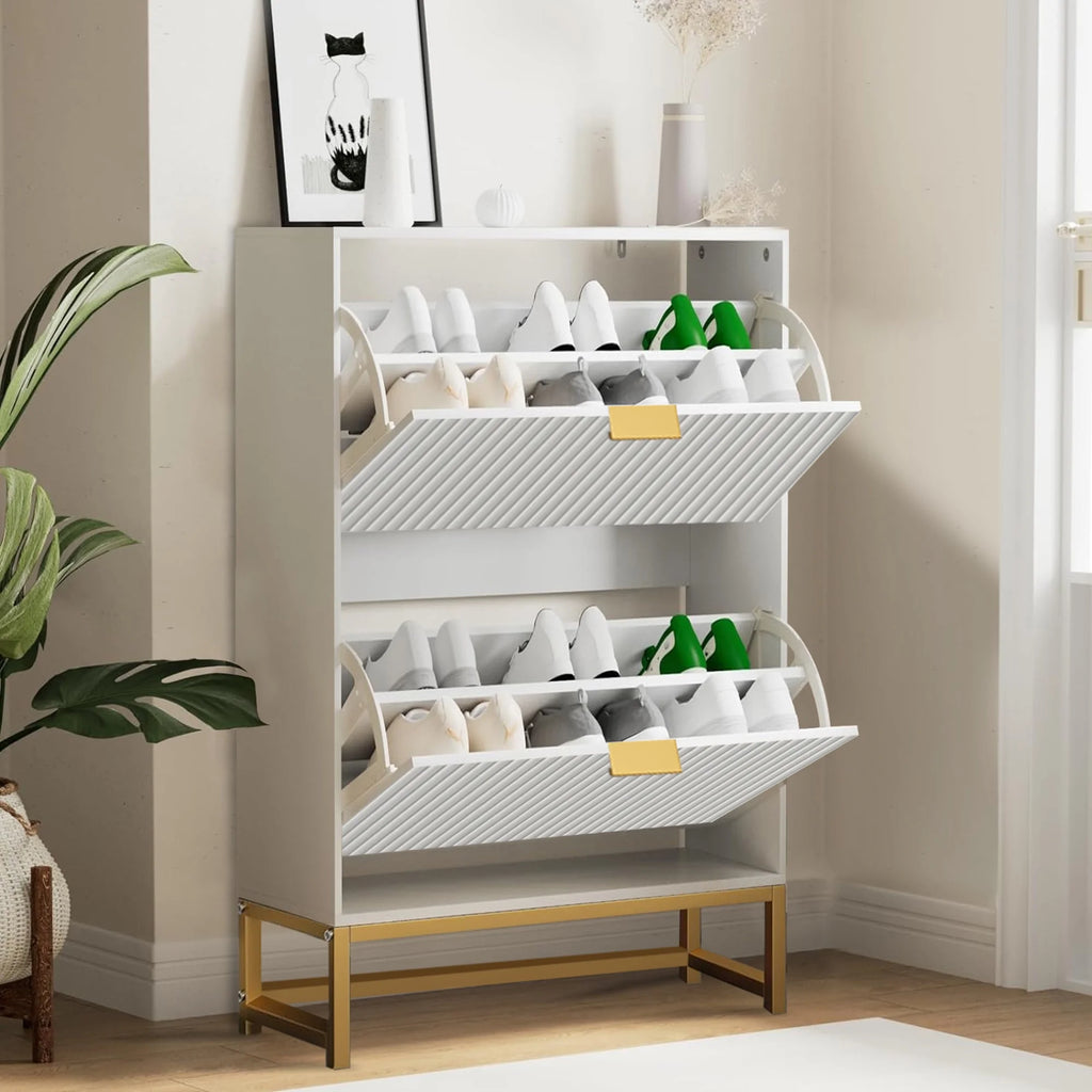 Oubayajia Modern Shoe Storage Cabinet, Wood Shoe Rack Organizer with 2 Flip Drawers, Freestanding Narrow Shoe Cabinet for Entryway Hallway, Natural