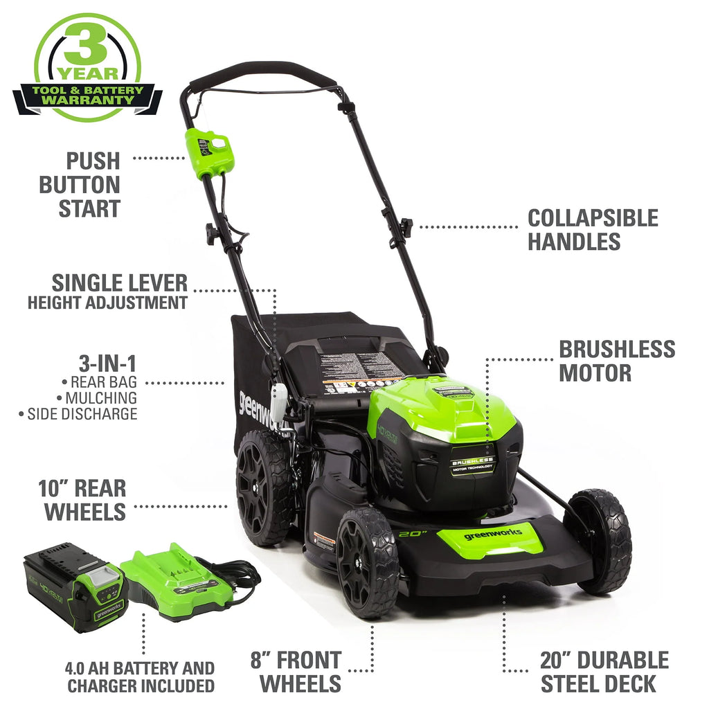 Greenworks 40V 20-inch Brushless Walk-Behind Push Lawn Mower W/40 Ah Battery and Quick Charger, 2516302