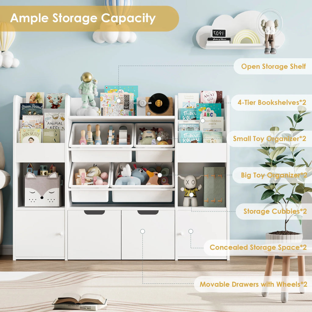 Hiphuta Kids Bookcase Toy Storage Organizer, Wooden Toy Organizer of 4 Bins& 2 Removable Drawers for Home Bedroom, Kids Bookshelf Toy Box with Book Rack, White
