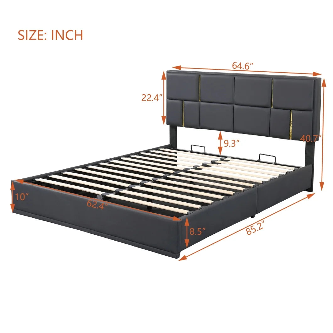 2-Pieces Bedroom Sets, Queen Size Upholstered Platform Bed with Hydraulic Storage System,Storage Ottoman with Metal Legs, 2 Piece Wood Bedroom Furniture Set, Beige