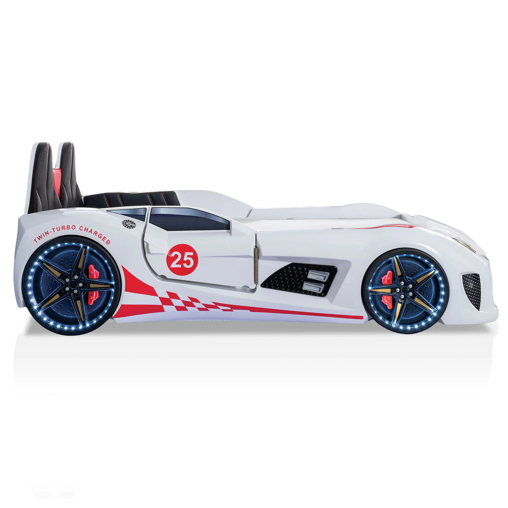 Furniture of America Dash Kids Plastic Twin Race Car Bed with LED and Sound, White