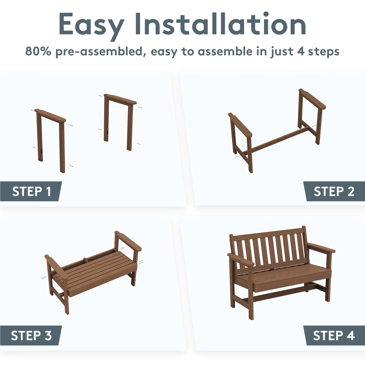 SERWALL Outdoor Bench for 2-Person, Weather-Resistant HDPE with Aluminum Reinforcement, Supports 660 lbs, Comfortable Seating for Patio, Garden, and Porch, Black